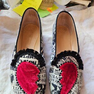 Charlotte Olympia "Heartbroken Gazette" newsprint calf hair velvet flats 38/7.5